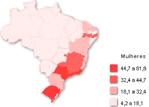 Figura 2 – Mapa de incidência de câncer de mama no Brasil por Estado  (/100.000hab.) 