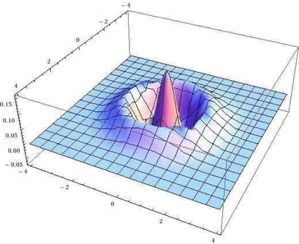 Figura 4.10: Fun¸c˜ ao de Wigner para superposi¸c˜ ao de dois estados coerentes com dois f´ otons adicionados, com φ = 0 e α = 0.