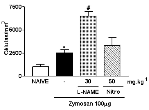 Figura 7- Efeito do pré-tratamento com L-NAME ou Nitro sobre o influxo celular à cavidade peritoneal  de camundongos submetidos à indução da peritonite por zymosan (PZy)