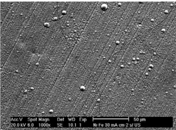 Figura 15 – Micrografia obtida por MEV para  eletrodepósito de Ni-Fe obtido a 30 mA.cm