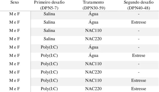 Tabela 2: Divisão dos grupos experimentais. DPN: dia pós-natal, M: machos, F: fêmeas, NAC: N-acetilcisteína