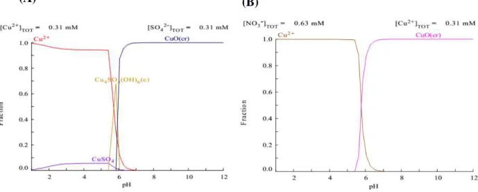 Figura 4.6 - Diagrama de especiação metálica do (A) sulfato de cobre e (B) nitrato de cobre,  Cu(II) = 20 mg/L