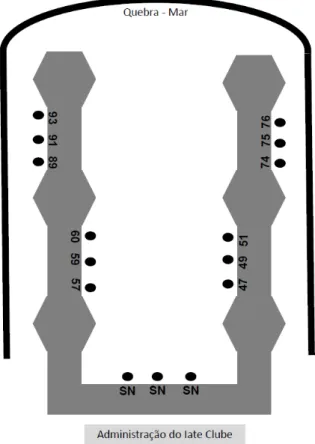 Figura  12:  Esquema  do  Iate  Clube  de  Ilhabela.  Os  pontos  indicam  os  locais  onde  as  placas  foram  dispostas
