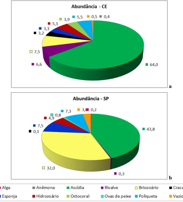 Figura 13: Porcentagem de cobertura de todos os pontos contabilizados nos experimentos  a  –  valores do experimento do Ceará; b  –  valores do experimento de São Paulo 