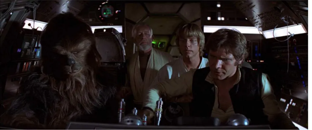 Fig. 2. Cena do episódio “Uma Nova Esperança”: o herói cético e pragmático Han Solo (à direita) no comando de sua nave  