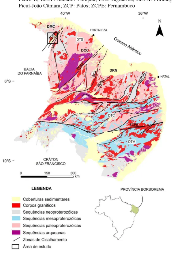 Figura  2  –  Geotectônica  da  Província  Borborema.  Domínios  Crustais  da  Subprovíncia  Setentrional  (DTS)  -  DMC:  Médio  Coreaú;  DCC:  Ceará  Central;  DRN:  Rio  Grande do Norte