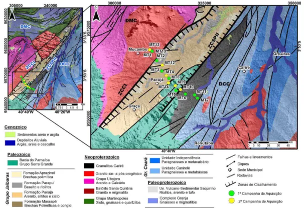 Figura 11 - Mapa de localização da área com as estações de aquisição MT e contexto geológico  regional