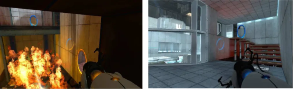 Fig 1. Duas situações no jogo Portal (Valve Corporation, 2007). À esquerda,o jogador precisa agir ou será jogado no fogo; à direita  nada acontece até que o jogador aja