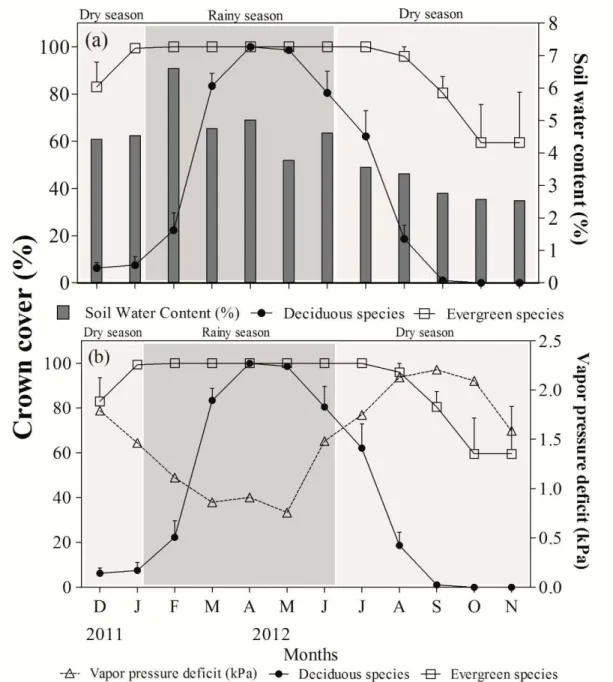 Fig. 2. Monthly variation in crown cover (%) of evergreen and deciduous species in relation to soil 1131 