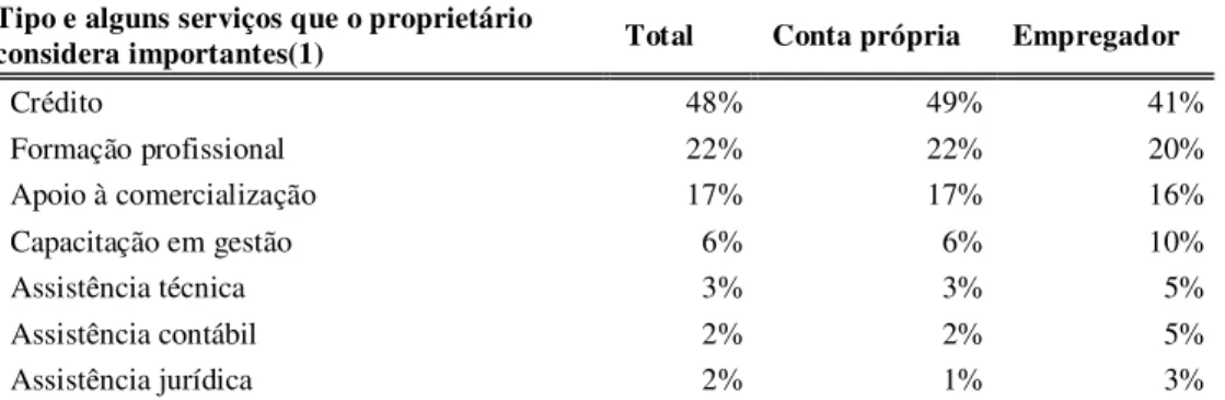 Tabela 3  Tipo e alguns serviços que o proprietário considera importantes - Empresas do Setor Informal  da Região Nordeste – IBGE/ECINF-2003 – (%) 