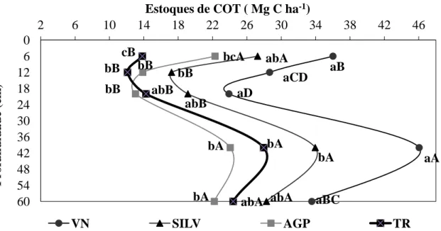 Figura 4  –  Estoques de carbono orgânico total do solo (COT), em Mg ha -1 , em Luvissolo Crômico Órtico típico  sob vegetação natural (VN), sistema silvipastoril (SILV), sistema agrossilvipastoril (AGP) e cultivo tradicional  (TR)  após  treze  anos  de  