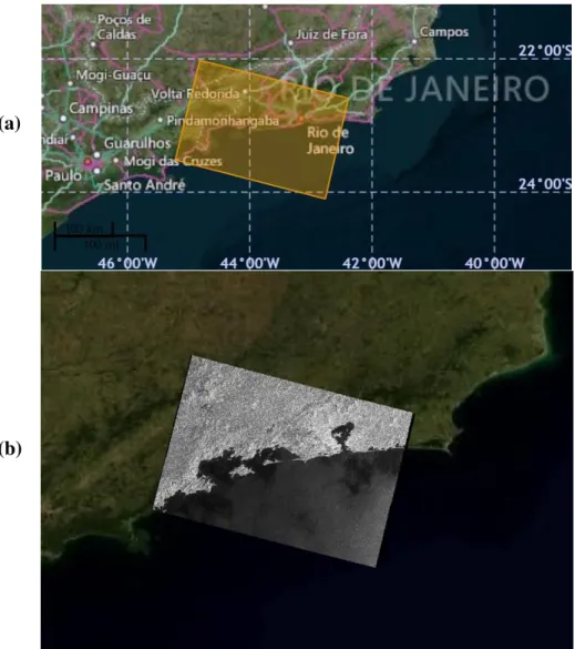 Figura 6. (a) Área da imagem do dia 20 de Fevereiro de 2016 em laranja. (b) Imagem obtida pelo Sentinel-1