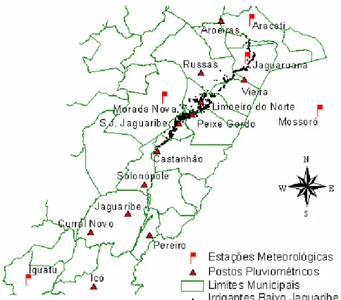 FIGURA 1 -  Localização das áreas irrigadas, estações meteorológicas e postos  pluviométricos na região em estudo e circunvizinhas