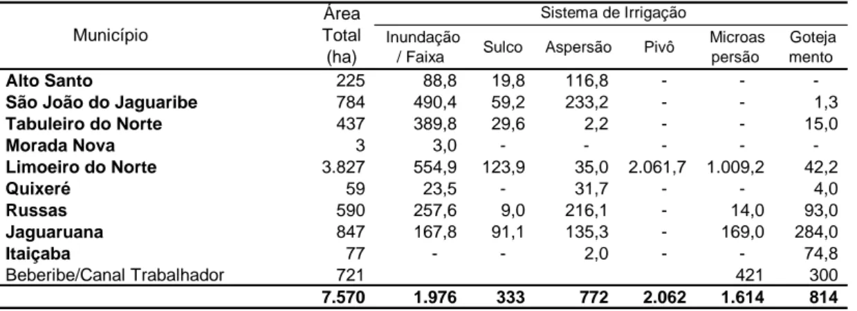 TABELA 11   Distribuição dos sistemas de irrigação por cultura na região do B. Jaguaribe