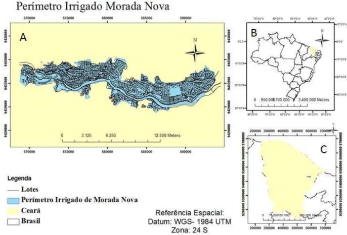 Figura 7  –  Área de Estudo (Perímetro Irrigado Morada Nova) onde em: A-delimitação  do Perímetro Irrigado de Morada Nova, B-Localização do Estado do Ceará no Brasil e  C- a localização do Perímetro estudado no Estado do Ceará 