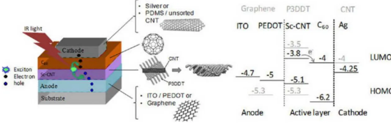 Figura 7: ` A esquerda, estrutura de uma c´elula fotovoltaica baseada em nanotubos de carbono de parede ´ unica (SWNT), com grafeno como ˆ anodo e SWNT do tipo n como c´atodo