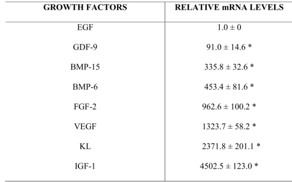 Table  4:  Steady state  levels  (mean  ±  SEM)  of  mRNA  for  various  growth  factors  (GDF 9,  BMP 15,  BMP 6,  FGF 2,  VEGF,  KL  and  IGF 1)  compared  to  that  of  EGF  in  caprine  preantral follicles