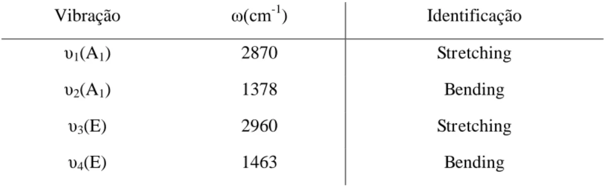 Tabela 02  –  Frequências do íon CH 3 Vibração  ω(cm -1 )  Identificação  υ 1 (A 1 )  2870  Stretching  υ 2 (A 1 )  1378  Bending  υ 3 (E)  2960  Stretching  υ 4 (E)  1463  Bending 