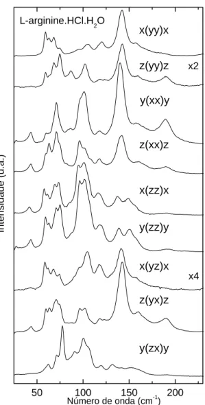 Figura 18: Espectros Raman da LARHCL em várias geometrias de espalhamento na região espectral 25-225 cm − 1 .