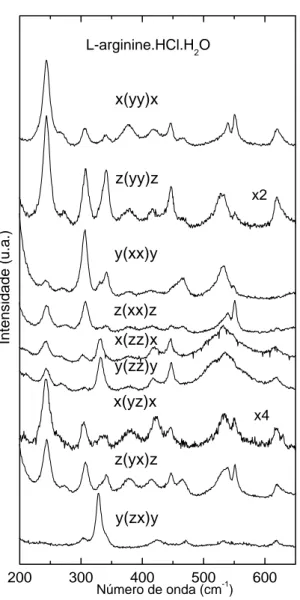 Figura 19: Espectros Raman da LARHCL em várias geometrias de espalhamento na região espectral 200-650 cm − 1 .