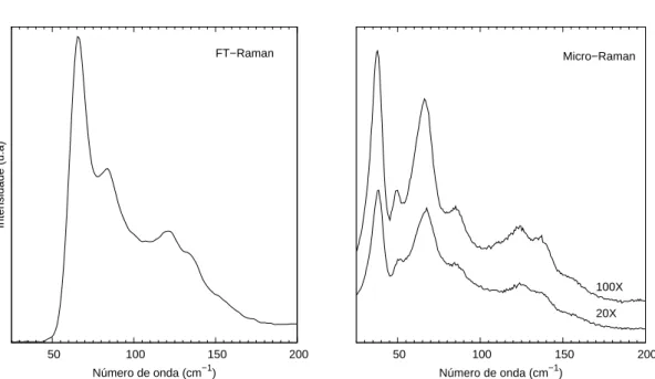 Figura 4.4: Espectros FT-Raman e micro-Raman, respectivamente, do cristal de L-prolina `a temperatura e press˜ao ambientes entre 30 e 200 cm −1 .