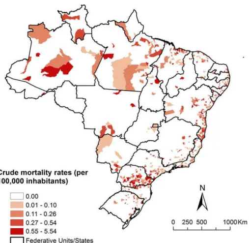 Fig. 3. Spatial distribution of average annual crude STH-related mortality rates (per 100 000 inhabitants) by municipality of residence in Brazil, 2000 – 2011.