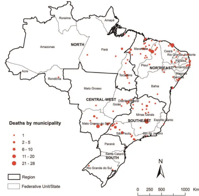 Figure 3. Distribution of deaths related to VL–HIV/AIDS co-infection by municipality of residence, Brazil, 2000–2011.