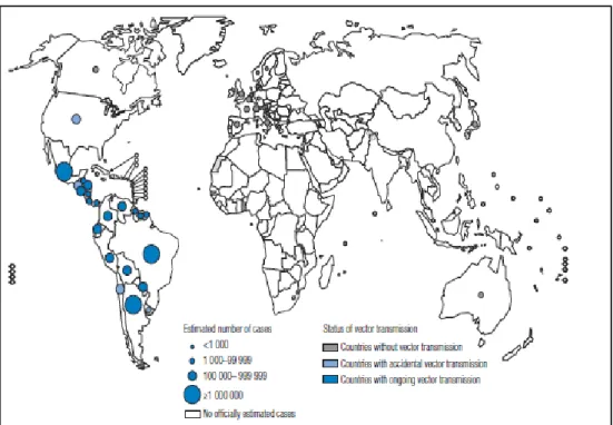 Figura 10 - Distribuição dos casos de infecção por T. cruzi, baseados em estimativas oficiais e  status da transmissão vetorial, a nível mundial, 2006 a 2009 (WHO, 2010)