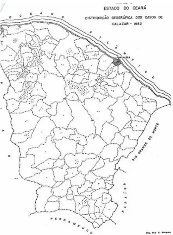 Figura 5 - Distribuição geográfica dos casos de LVA diagnosticados em 1982, por        município do Estado do Ceará, Brasil