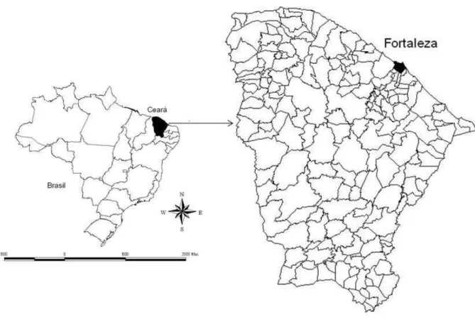 Figura 12 - Localização da cidade de Fortaleza no Estado do Ceará e a deste último no mapa  do Brasil