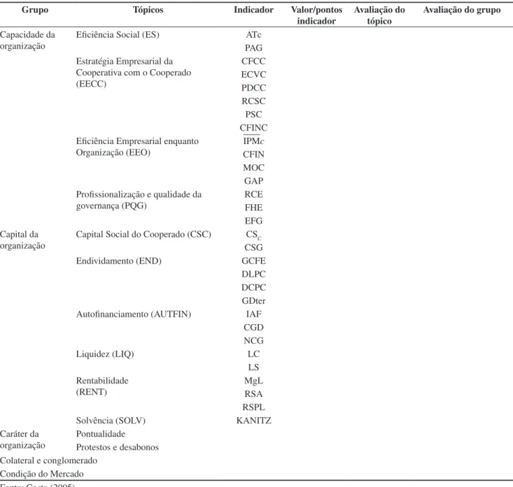 Tabela 1. Indicadores, tópicos e grupos considerados na avaliação de cooperativas agropecuárias.