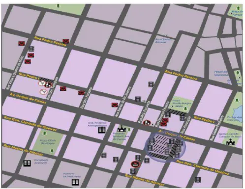 Figura 1 - Mapa de ruas e localização de equipamentos frequentados por michês. 