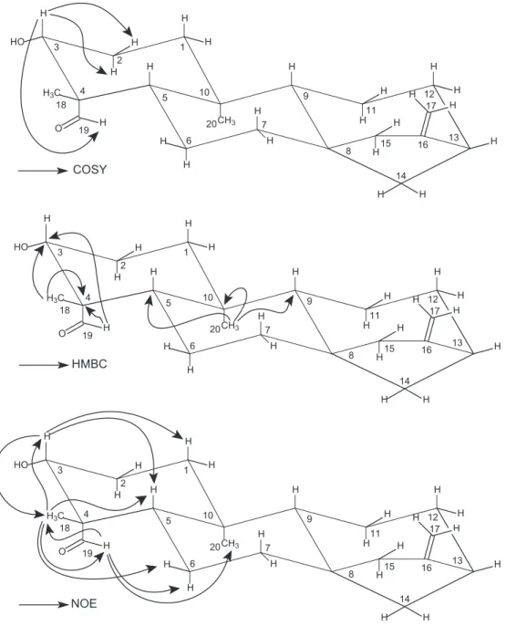 Figure 2. Key COSY, HMBC and NOE correlations for compound 1.