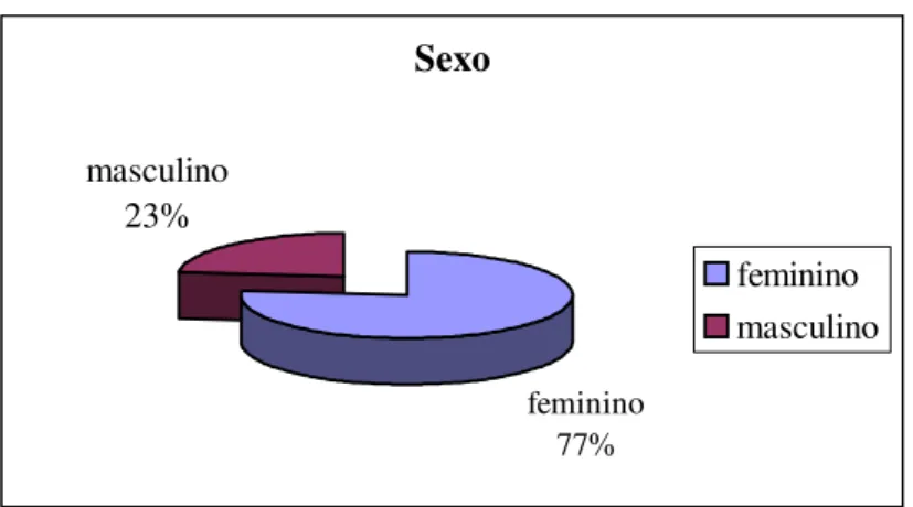 Gráfico 1 – Proporção por sexo dos participantes  Sexo feminino 77%masculino23% feminino masculino