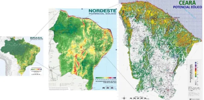 Figura 5 - Potencial eólico do Brasil, Nordeste, e Ceará 