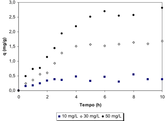 FIGURA - 14: Efeito do tempo de agitação e concentração de fenol na adsorção com quitina (pH 6,0; 