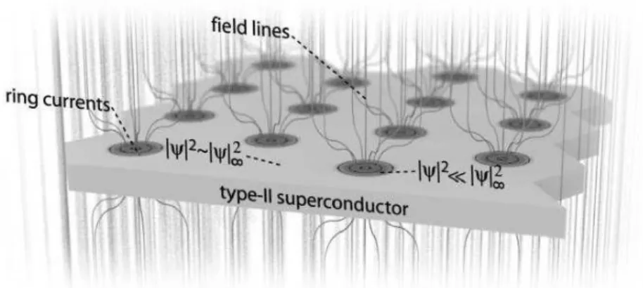 Figure 18 – Sketch of quantized vortices in a type-II superconducting sample. Figure retrieved from Ref