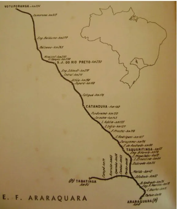 Figura 1: Representação ilustrativa do traçado da Estrada de Ferro Araraquara, com destaque para suas principais estações  ferroviárias