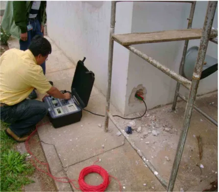 Figura 08 – Técnicos do Instituto de Eletrotécnica e Energia - IEE/USP analisando as possibilidades de implantação de  sistema de para-raios através das ferragens do edifício