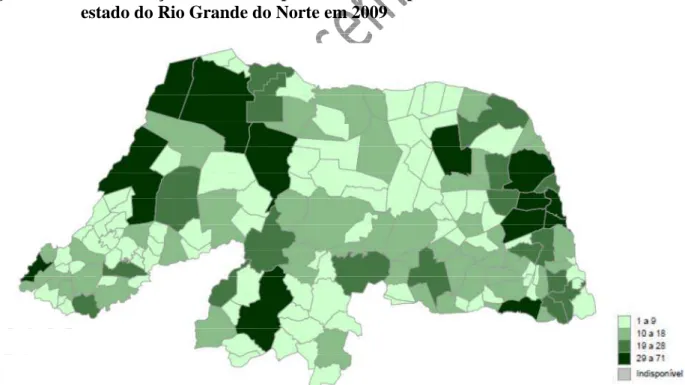 Figura  1  –  Concentração  de  escolas  públicas  municipais  de  ensino  fundamental  no  estado do Rio Grande do Norte em 2009 