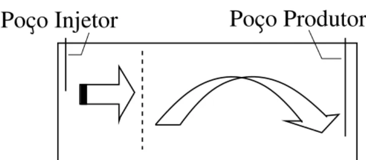 Figura 9: Ilustra¸c˜ao do processo convencional de combust˜ao in-situ, onde o ´oleo tem uma longa distˆancia a percorrer em seu deslocamento at´e o po¸co produtor