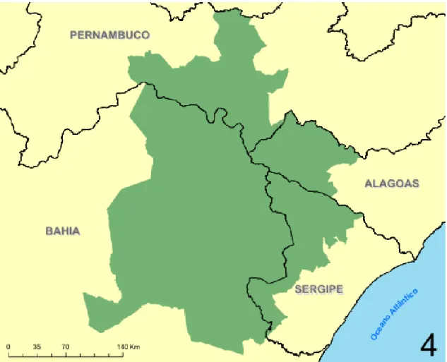 Figura 1- Mesorregião do  Xingó: abrange parte dos estados de Alagoas, Sergipe,  Pernambuco e Bahia sendo constituída por 79 municípios, totalizando uma área de  78.622,2 km2, com uma população de 1.806.155 habitantes