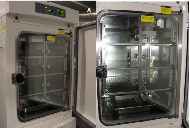 Figura  4-  A  e  B-  Imagem  da  parte  interna  das  incubadoras  de  CO 2   do  laboratório  de  fertilização  in  vitro   da  Clínica  de  Reprodução  Humana  CRIAR