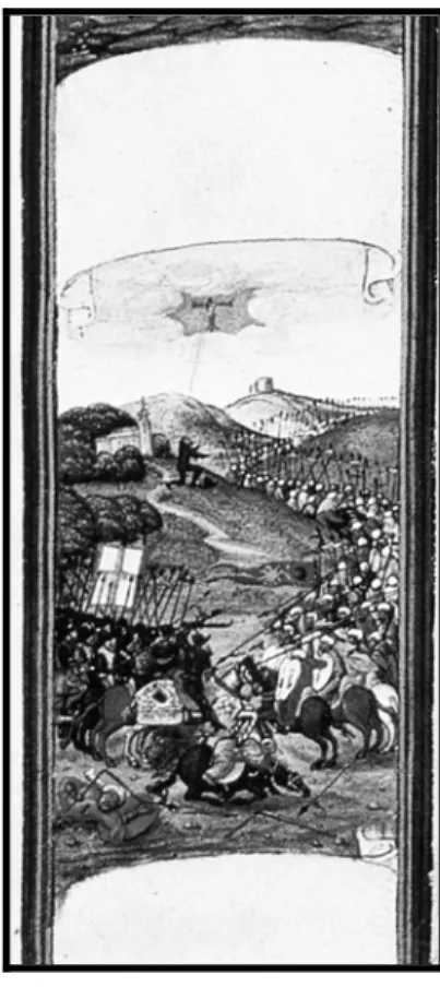 Figura 1 - Detalhe de uma folha da “Genealogia do Infante D. Fernando” (1530-1534), de autoria  do ilustrador flamengo Simão Bening, representando a batalha de Ourique  