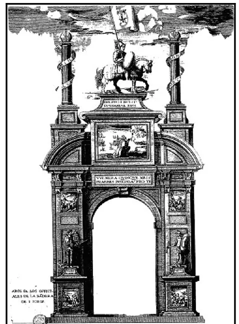Figura 2 - Gravura do Arco dos Oficiais de São Jorge, na entrada de Filipe II em Lisboa (1619),  presente no livro de Lavanha, Viagem da Catholica Real Magestade del Rei dom Filipe II ..
