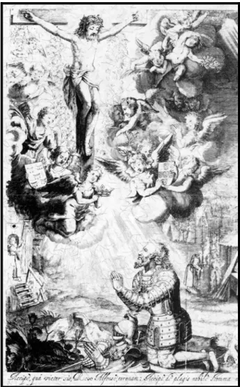 Figura 4 - Gravura do Milagre de Ourique, de Agostinho Soares, presente no livro de Antônio  Soares Albergaria, Triumpho Lusitano (Lisboa, 1632)