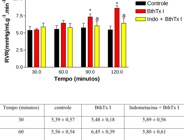 Figura 12 – Efeitos renais promovidos pela miotoxina I purificada do veneno da  serpente Bothrops jararacussu (BthTx I) (05  µ g/mL)  e indometacina (indo) (10  µ g/mL)  + BthTx I na resistência vascular renal (RVR)