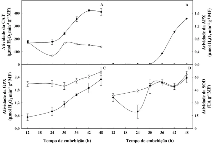 Figura  5.  Atividades  das  enzimas  catalase  (CAT,  A),  peroxidase  do  ascorbato  (APX,  B),  peroxidase  do  guaiacol  (GPX,  C)  e  dismutase  do  superóxido  (SOD,  D)  em  sementes  de  milho  embebidas por 12, 24, 30, 36, 42 e 48 h em água (    )