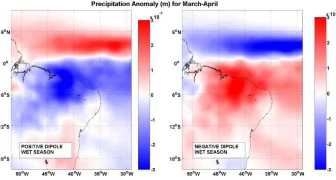 Figura 9 - Anomalia de Precipitação diária (m) para o meses Março-Abril (estação chuvosa) de 1979 a  2013, durante os anos de fase positiva (à esquerda) e negativa (à direita) do Padrão de Dipolo sobre o  Atlântico Tropical