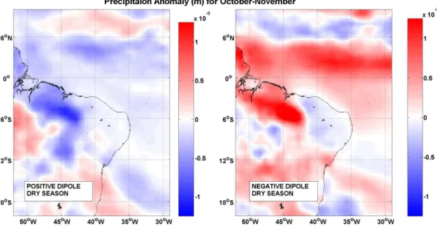 Figura 10 - Anomalia de Precipitação diária (m) para o meses Outubro-Novembro (estação seca) de  1979 a 2013, durante os anos de fase positiva (à esquerda) e negativa (à direita) do Padrão de Dipolo  sobre o Atlântico Tropical